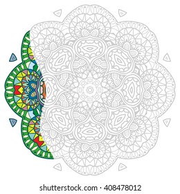 Mandala geometric floral design element. Zentangle style art for adult coloring book. Tribal ethnic Arabic Indian pattern. Hand drawn round ornament for coloring book page, doodle vector illustration