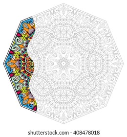 Mandala geometric floral design element. Zentangle style art for adult coloring book. Tribal ethnic Arabic Indian pattern. Hand drawn round ornament for coloring book page, doodle vector illustration