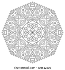 Mandala geometric floral design element. Zentangle style art for adult coloring book. Tribal ethnic Arabic Indian pattern. Hand drawn round ornament for coloring book page, doodle vector illustration