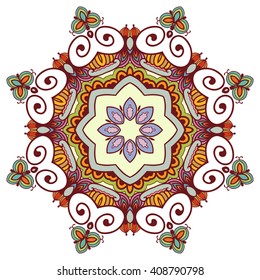 Mandala geometric floral design element. Zentangle style art for adult coloring book. Tribal ethnic Arabic Indian pattern. Hand drawn round ornament for coloring book page, doodle vector illustration