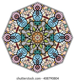 Mandala geometric floral design element. Zentangle style art for adult coloring book. Tribal ethnic Arabic Indian pattern. Hand drawn round ornament for coloring book page, doodle vector illustration