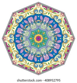 Mandala geometric floral design element. Zentangle style art for adult coloring book. Tribal ethnic Arabic Indian pattern. Hand drawn round ornament for coloring book page, doodle vector illustration