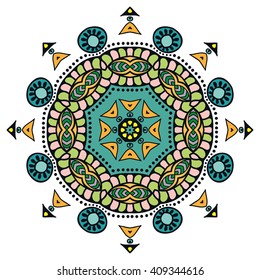 Mandala geometric floral design element. Zentangle style art for adult coloring book. Tribal ethnic Arabic Indian pattern. Hand drawn round ornament for coloring book page, doodle vector illustration
