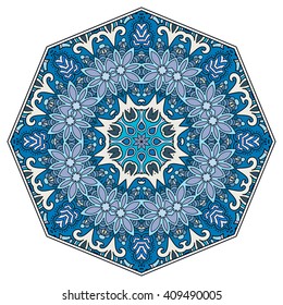 Mandala geometric floral design element. Zentangle style art for adult coloring book. Tribal ethnic Arabic Indian pattern. Hand drawn round ornament for coloring book page, doodle vector illustration