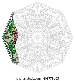 Mandala geometric floral design element. Zentangle style art for adult coloring book. Tribal ethnic Arabic Indian pattern. Hand drawn round ornament for coloring book page, doodle vector illustration