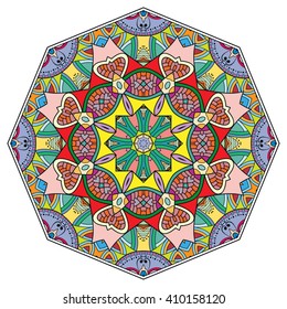 Mandala geometric floral design element. Zentangle style art for adult coloring book. Tribal ethnic Arabic Indian pattern. Hand drawn round ornament for coloring book page, doodle vector illustration