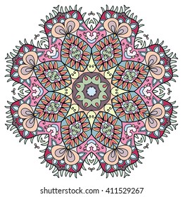 Mandala geometric floral design element. Zentangle style art for adult coloring book. Tribal ethnic Arabic Indian pattern. Hand drawn round ornament for coloring book page, doodle vector illustration