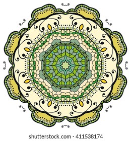 Mandala geometric floral design element. Zentangle style art for adult coloring book. Tribal ethnic Arabic Indian pattern. Hand drawn round ornament for coloring book page, doodle vector illustration