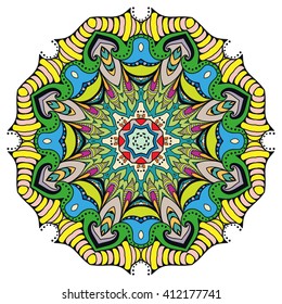 Mandala geometric floral design element. Zentangle style art for adult coloring book. Tribal ethnic Arabic Indian pattern. Hand drawn round ornament for coloring book page, doodle vector illustration