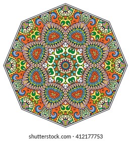 Mandala geometric floral design element. Zentangle style art for adult coloring book. Tribal ethnic Arabic Indian pattern. Hand drawn round ornament for coloring book page, doodle vector illustration