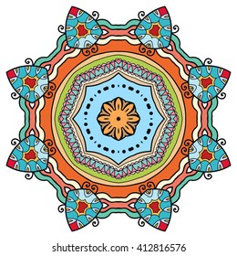 Mandala geometric floral design element. Zentangle style art for adult coloring book. Tribal ethnic Arabic Indian pattern. Hand drawn round ornament for coloring book page, doodle vector illustration