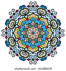 Mandala geometric floral design element. Zentangle style art for adult coloring book. Tribal ethnic Arabic Indian pattern. Hand drawn round ornament for coloring book page, doodle vector illustration