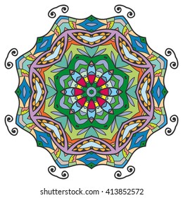 Mandala geometric floral design element. Zentangle style art for adult coloring book. Tribal ethnic arabic indian turkish pattern Hand drawn ornament for coloring book page doodle vector illustration 