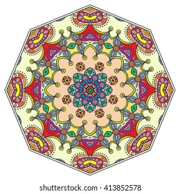 Mandala geometric floral design element. Zentangle style art for adult coloring book. Tribal ethnic arabic indian turkish pattern Hand drawn ornament for coloring book page doodle vector illustration 
