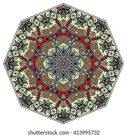 Mandala geometric floral design element. Zentangle style art for adult coloring book. Tribal ethnic Arabic Indian pattern. Hand drawn round ornament for coloring book page, doodle vector illustration