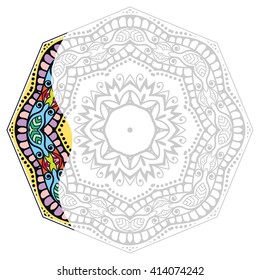 Mandala geometric floral design element. Zentangle style art for adult coloring book. Tribal ethnic Arabic Indian pattern. Hand drawn round ornament for coloring book page, doodle vector illustration