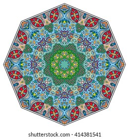 Mandala geometric floral design element. Zentangle style art for adult coloring book. Tribal ethnic Arabic Indian pattern. Hand drawn round ornament for coloring book page, doodle vector illustration