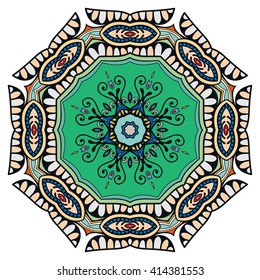 Mandala geometric floral design element. Zentangle style art for adult coloring book. Tribal ethnic Arabic Indian pattern. Hand drawn round ornament for coloring book page, doodle vector illustration