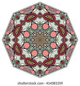 Mandala geometric floral design element. Zentangle style art for adult coloring book. Tribal ethnic Arabic Indian pattern. Hand drawn round ornament for coloring book page, doodle vector illustration