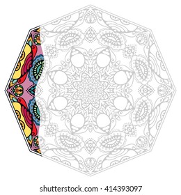 Mandala geometric floral design element. Zentangle style art for adult coloring book. Tribal ethnic Arabic Indian pattern. Hand drawn round ornament for coloring book page, doodle vector illustration
