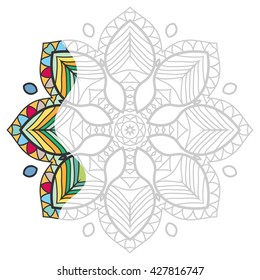 Mandala geometric floral design element. Zentangle style art for adult coloring book. Tribal ethnic Arabic Indian pattern. Hand drawn round ornament for coloring book page, doodle vector illustration