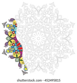 Mandala geometric floral design element. Zentangle style art for adult coloring book. Tribal ethnic Arabic Indian pattern. Hand drawn round ornament for coloring book page, doodle vector illustration