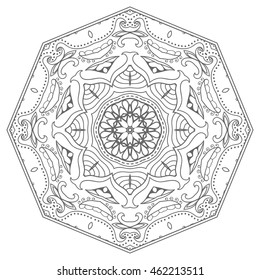 Mandala geometric floral design element. Zentangle style art for adult coloring book. Tribal ethnic Arabic Indian pattern. Hand drawn round ornament for coloring book page, doodle vector illustration