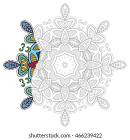 Mandala geometric floral design element. Zen-doodle style art for adult coloring book. Tribal ethnic Arabic Indian pattern. Hand drawn round ornament for coloring book page, doodle vector illustration