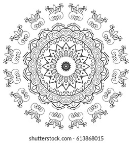 Mandala geometric floral design element. Sketch art for adult coloring book. Tribal ethnic Arabic Indian pattern. Hand drawn round ornament for coloring book page, zen doodle style vector illustration