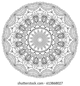 Mandala geometric floral design element. Sketch art for adult coloring book. Tribal ethnic Arabic Indian pattern. Hand drawn round ornament for coloring book page, zen doodle style vector illustration