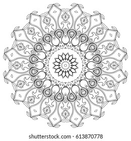 Mandala geometric floral design element. Sketch art for adult coloring book. Tribal ethnic Arabic Indian pattern. Hand drawn round ornament for coloring book page, zen doodle style vector illustration