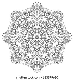 Mandala geometric floral design element. Sketch art for adult coloring book. Tribal ethnic Arabic Indian pattern. Hand drawn round ornament for coloring book page, zen doodle style vector illustration