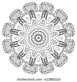 Mandala geometrische florale Design-Element. Skizze Kunst für Erwachsene Malbuch. Stammesmuster arabisch-indisches Muster. Handgezeichnetes rundes Ornament zum Färben von Buchseiten, zen doodle style Vektorgrafik