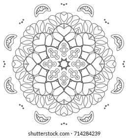 Mandala geometric floral design element. Sketch art for adult coloring book. Tribal ethnic Arabic Indian pattern. Hand drawn round ornament for coloring book page, zen doodle style vector illustration