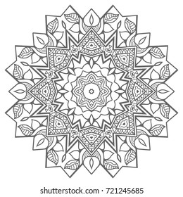 Mandala geometric floral ornament, decorative round pattern. Isolated sketch design element for coloring book, black on a white background. Tribal ethnic arabic, indian, turkish decor