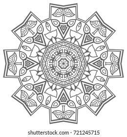 Mandala geometric floral ornament, decorative round pattern. Isolated sketch design element for coloring book, black on a white background. Tribal ethnic arabic, indian, turkish decor