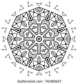 Mandala geometric floral ornament, decorative round pattern. Isolated sketch design element, black on a white background. Tribal ethnic arabic, indian, turkish motif. Fabric print, fashion collection