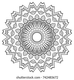 Mandala geometric floral ornament, decorative round pattern. Isolated sketch design element, black on a white background. Tribal ethnic arabic, indian, turkish motif. Fabric print, fashion collection