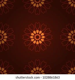 Mandala geometric graphic print. Psychedelic design element for wallpaper, scrapbooking, fabric. Vector kaleidoscope seamless pattern in red, brown and orange colors.