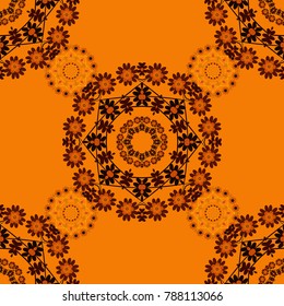 Mandala geometric graphic print. Psychedelic design element for wallpaper, scrapbooking, fabric. Vector kaleidoscope seamless pattern in black, orange and brown colors.