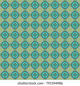Mandala geometric graphic print. Psychedelic design element for wallpaper, scrapbooking, fabric. Vector kaleidoscope seamless pattern in green, brown and blue colors.