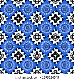 Mandala geometric graphic print. Vector kaleidoscope seamless pattern in blue, black and white colors. Psychedelic design element for wallpaper, scrapbooking, fabric.