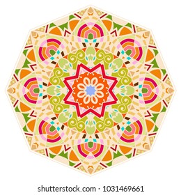 Mandala geometric ornament, hand drawn ethnic motif, isolated design element on a white background. Vector stylized floral pattern for paper, textile, cloth fabric print, interior, ceramic decoration