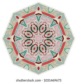Mandala geometric ornament, hand drawn ethnic motif, isolated design element on a white background. Vector stylized floral pattern for paper, textile, cloth fabric print, interior, ceramic decoration
