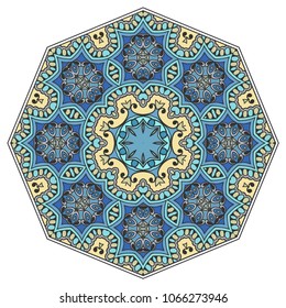 Mandala geometric ornament, hand drawn ethnic motif, isolated design element on a white background. Vector stylized floral pattern for paper, textile, cloth fabric print, interior, ceramic decoration