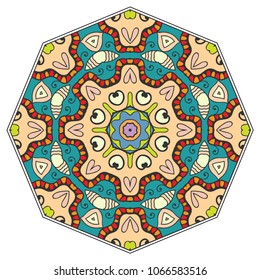 Mandala geometric ornament, hand drawn ethnic motif, isolated design element on a white background. Vector stylized floral pattern for paper, textile, cloth fabric print, interior, ceramic decoration
