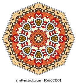 Mandala geometric ornament, hand drawn ethnic motif, isolated design element on a white background. Vector stylized floral pattern for paper, textile, cloth fabric print, interior, ceramic decoration
