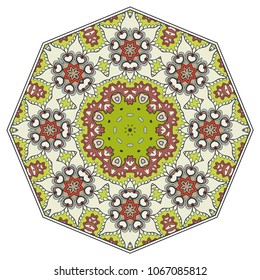 Mandala geometric ornament, hand drawn ethnic motif, isolated design element on a white background. Vector stylized floral pattern for paper, textile, cloth fabric print, interior, ceramic decoration