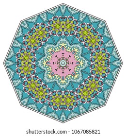 Mandala geometric ornament, hand drawn ethnic motif, isolated design element on a white background. Vector stylized floral pattern for paper, textile, cloth fabric print, interior, ceramic decoration