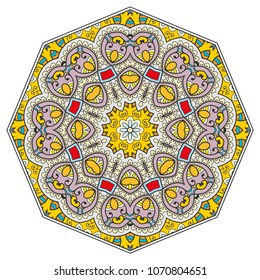 Mandala geometric ornament, hand drawn ethnic motif, isolated design element on a white background. Vector stylized floral pattern for paper, textile, cloth fabric print, interior, ceramic decoration
